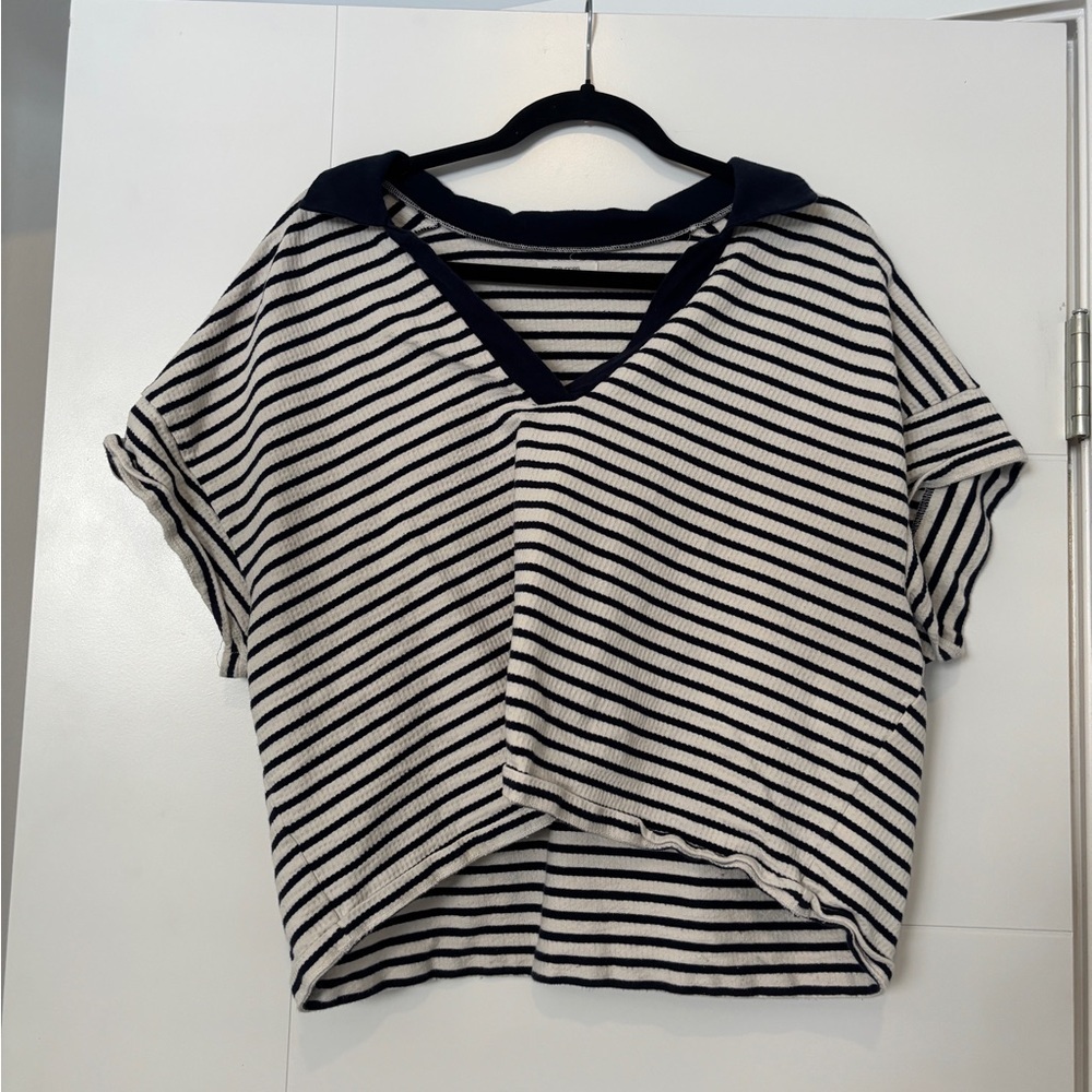 Maurices Striped Navy and White Women's Collared Top